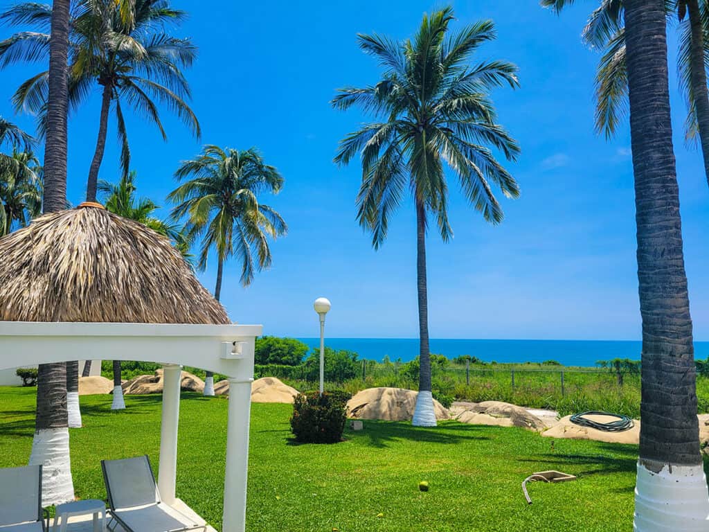 The Hotel Aldea del Bazar grounds offer a partial ocean view over Playa Bacocho, one of the best beaches in Puerto Escondido.