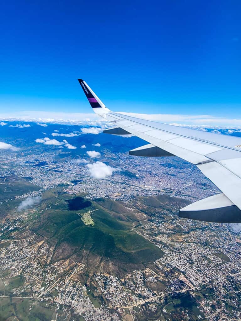 A view of Monte Albán seen from an airplane flying over Oaxaca.