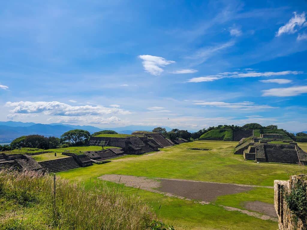 A view from the north platform over the central plaza at Monte Albán Oaxaca.
