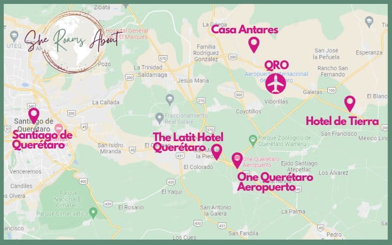 A map of the closest hotels in relation to Querétaro Airport.