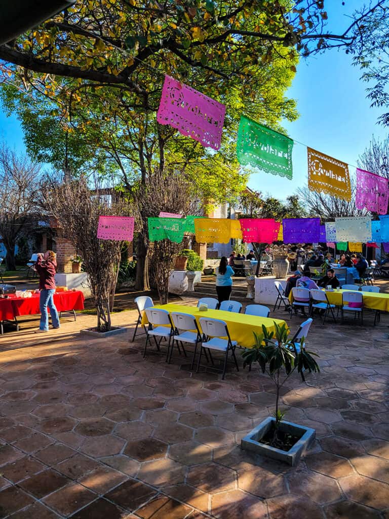 The courtyard prepared for breakfast at Volare hot air balloon port near Teotihuacan.