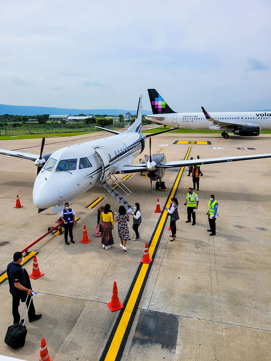 A small propeller plane on the tarmac at Tuxtla Gutierrez airport in Chiapas.