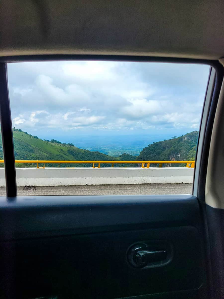 A view looking down at the Chiapas lowlands below from a taxi window outside San Cristobal de las Casas.