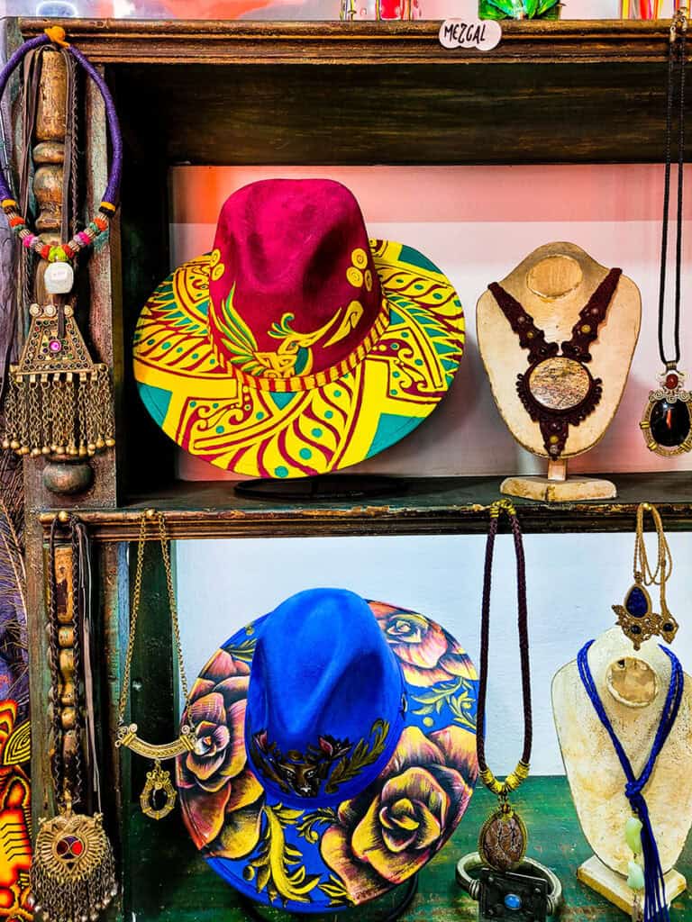 Hand painted hats and handmade jewellery at the Artisan Market in San Miguel de Allende.