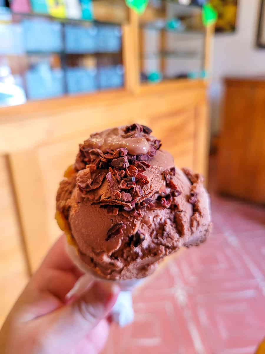 A chocolate ice cream with chocolate shavings at Chocolateria Jangala in San Cristobal de las Casas.