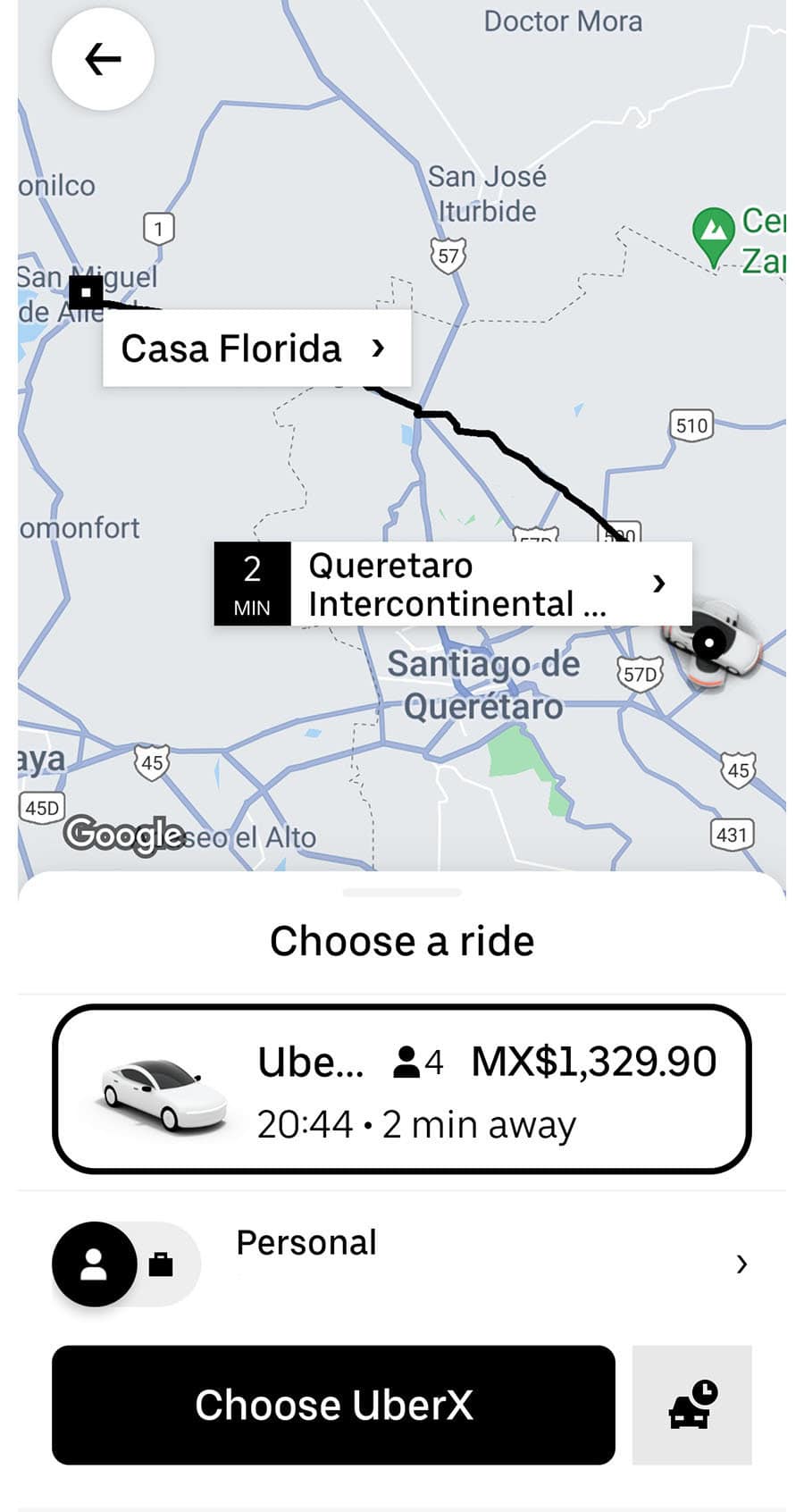 Uber availability and pricing from Queretaro International Airport to central San Miguel de Allende.